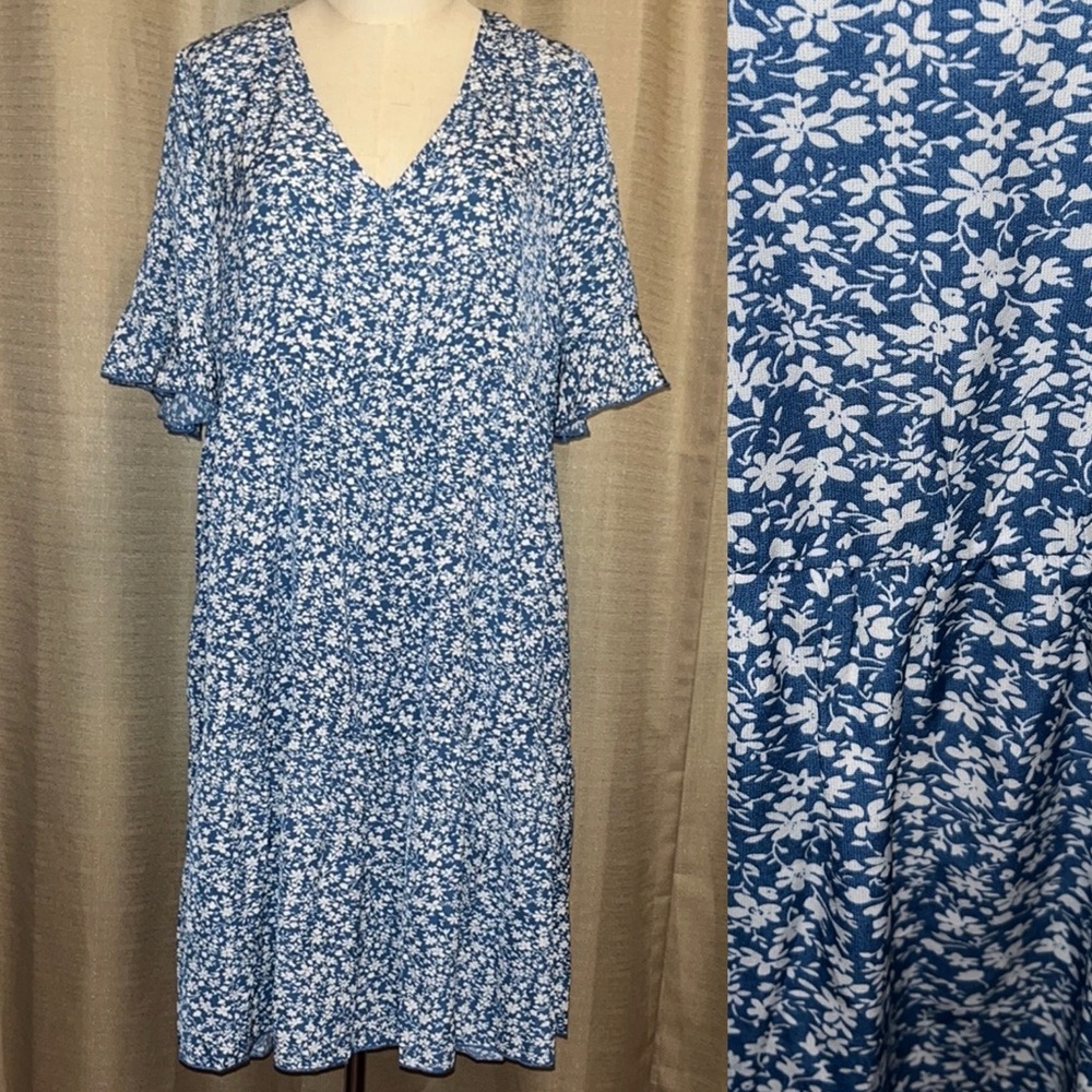 Blue and White Floral Ruffled Tiered Midi Sundress Womens Large